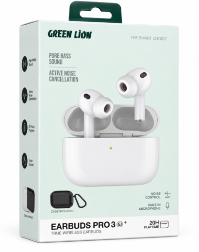 Green Lion Earbuds Pro 3+ true wireless earbuds packaging on a clean white background