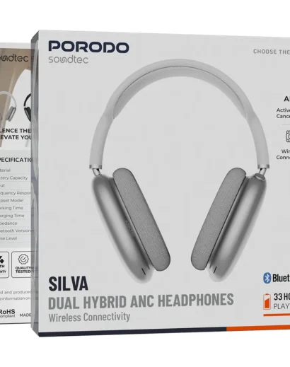 Porodo Soundtec Silva Dual Hybrid ANC headphones in silver